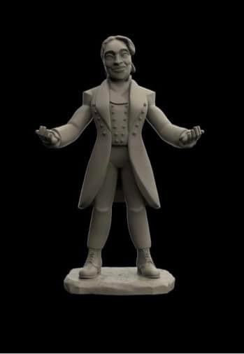 A light gray 3D-printed figurine of a man in a historical coat standing on a base, shown against a solid black background.