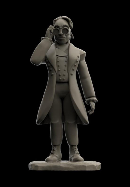 monochromatic figure with arm raised to remove glasses