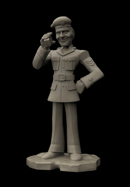 A monochrome 3D-printed figurine of a smiling military officer standing on a base, holding a phone to his ear, shown against a solid black background.