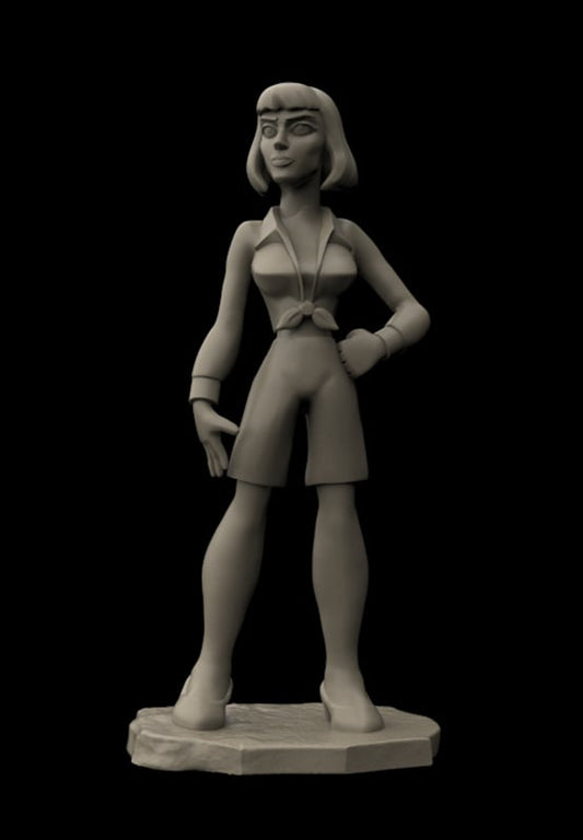 A monochrome 3D-rendered female character statue or figurine standing on a small pedestal against a solid black background.