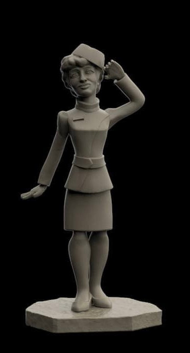 A monochrome 3D-rendered female figure in a uniform standing on a hexagonal base against a solid black background.